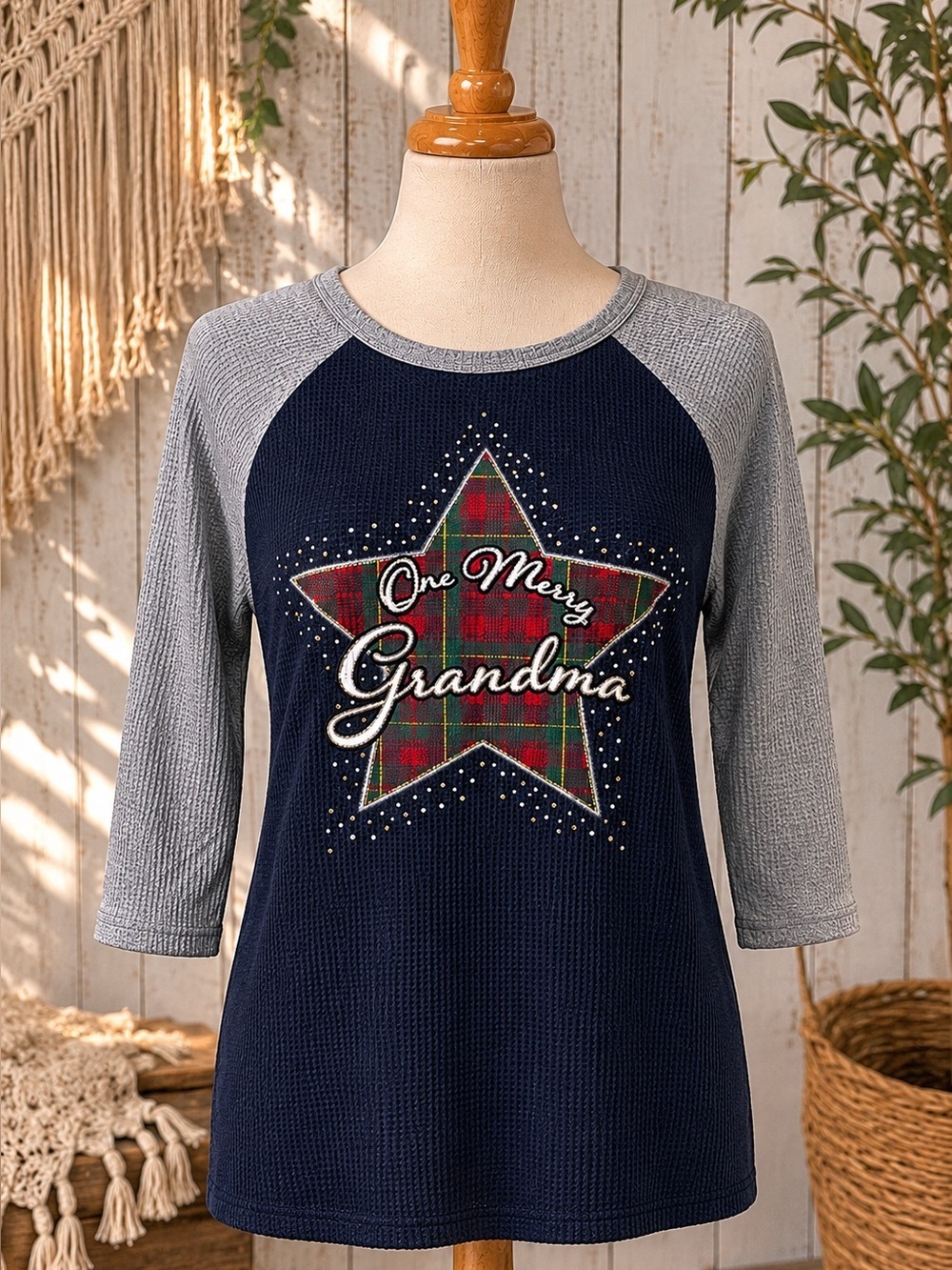 NWT Holiday Time Dark Blue Waffle Knit Grandma Pajama Top Size Small